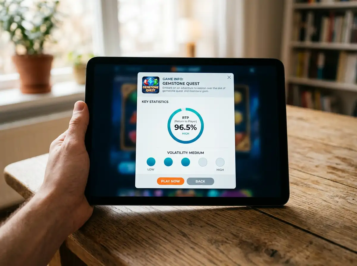 Slot-Detailinformationsfenster mit angegebenem RTP-Wert und einer Volatilitätsskala auf einem Tablet