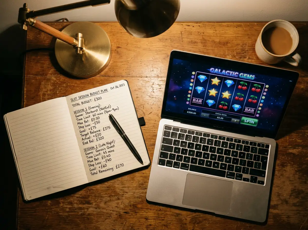 Notizbuch mit handschriftlichem Einsatzplan für eine Slot-Sitzung neben einem Laptop mit geöffnetem Slot
