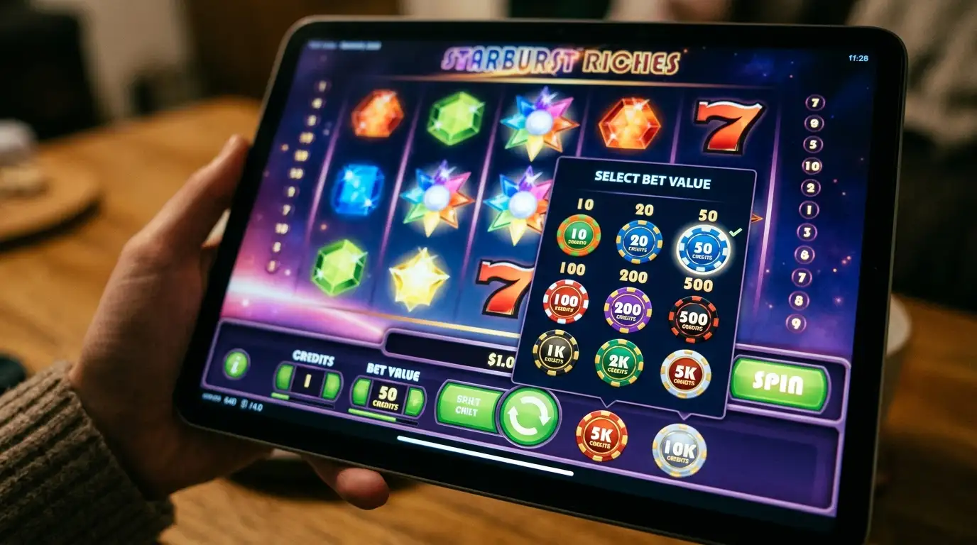 Online-Slot-Bildschirm mit aufgeklapptem Einsatz-Selektor und mehreren auswählbaren Spin-Werten