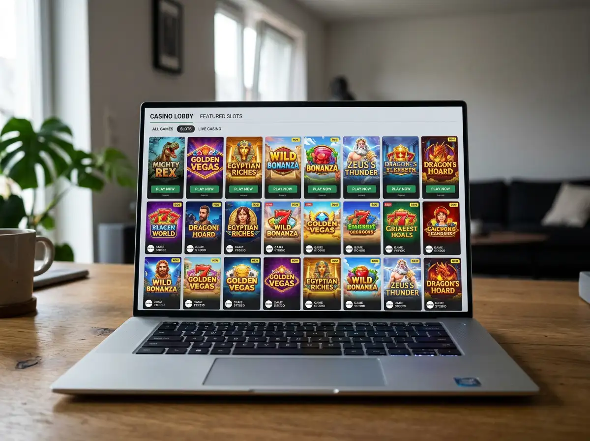 Casino-Slot-Lobby in Kachelansicht mit deutlich sichtbaren Studio-Logos verschiedener Slot-Anbieter