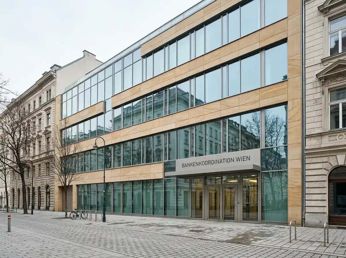 Modernes Bürogebäude einer österreichischen Banken-Koordinationsorganisation in Wien als symbolische Darstellung der STUZZA-Rolle für das eps-Protokoll