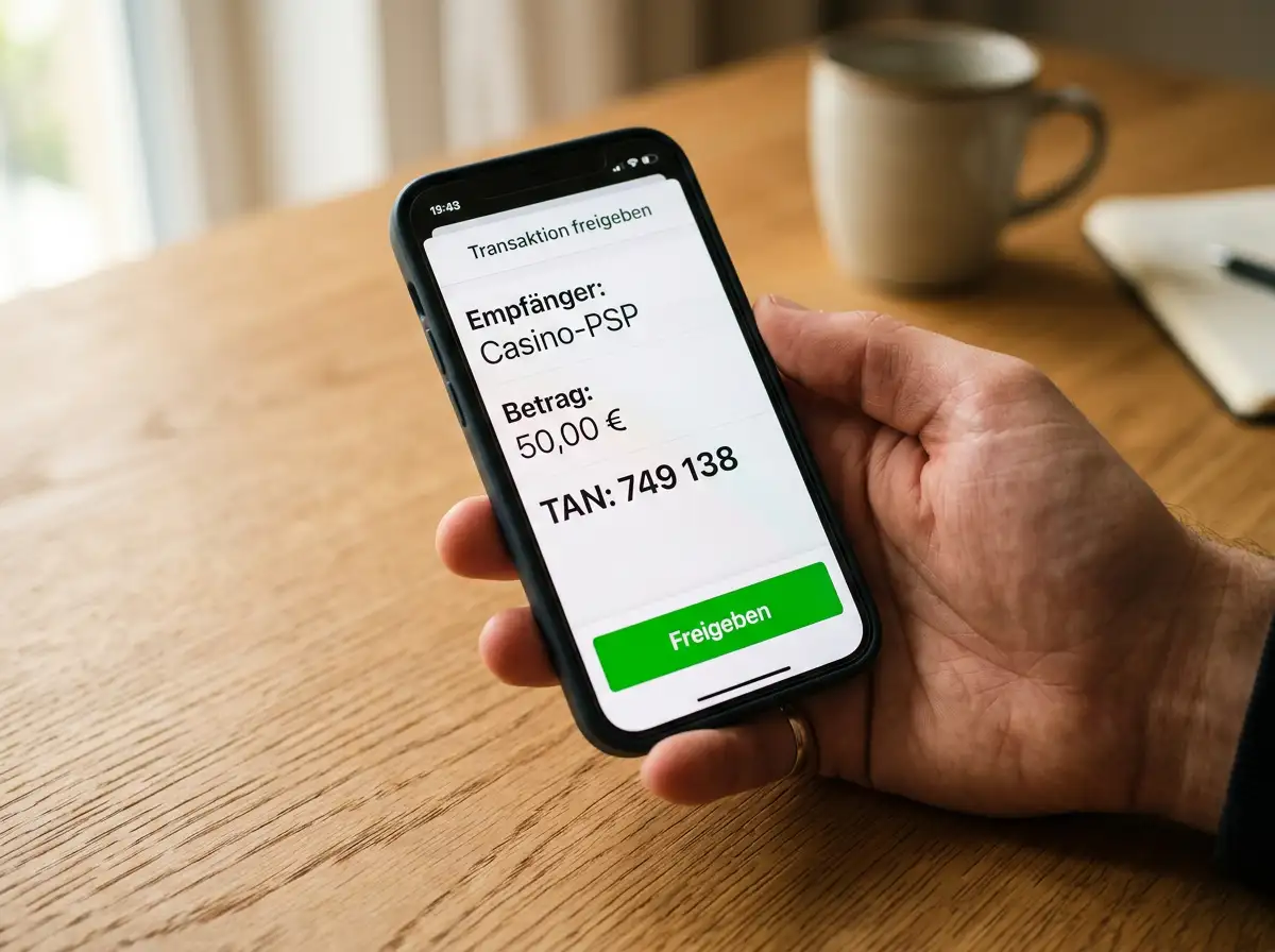 Smartphone-Bildschirm mit TAN-Freigabe-Bildschirm einer Banking-App, der Betrag und Empfänger einer eps-Casino-Überweisung deutlich anzeigt