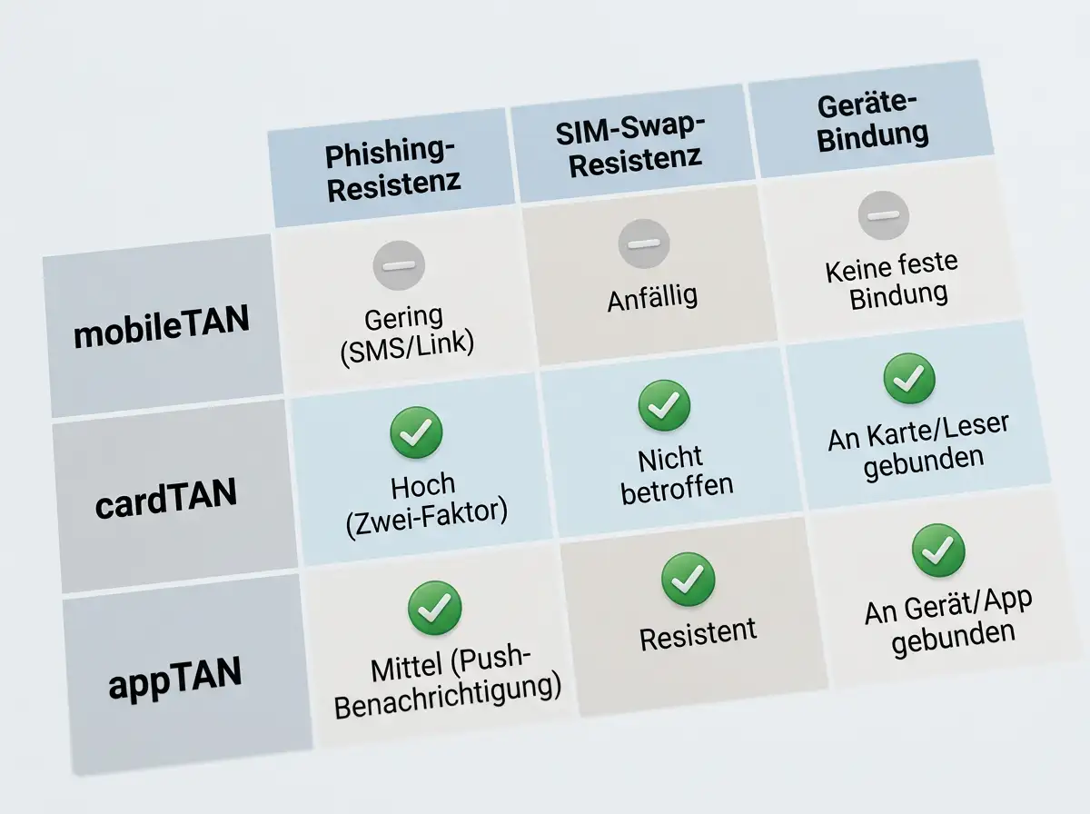 Vergleichsmatrix der praktischen Sicherheitsstufen von mobileTAN, cardTAN und appTAN für eps-Casino-Einzahlungen