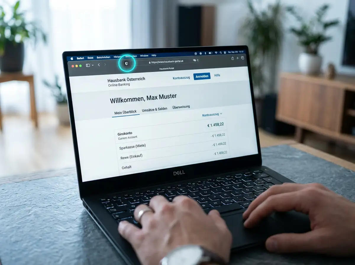 Laptop-Bildschirm mit geöffnetem österreichischen Online-Banking-Portal und gut sichtbarem TLS-Schloss-Symbol in der Adresszeile als Hinweis auf den verschlüsselten Tunnel