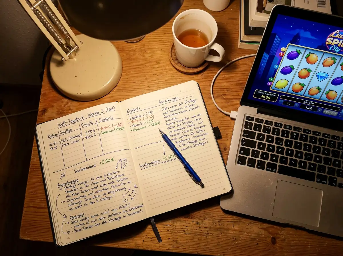 Aufgeschlagenes Notizbuch mit handschriftlich notiertem Umsatzfortschritt neben einem Laptop mit Slot-Spielfenster