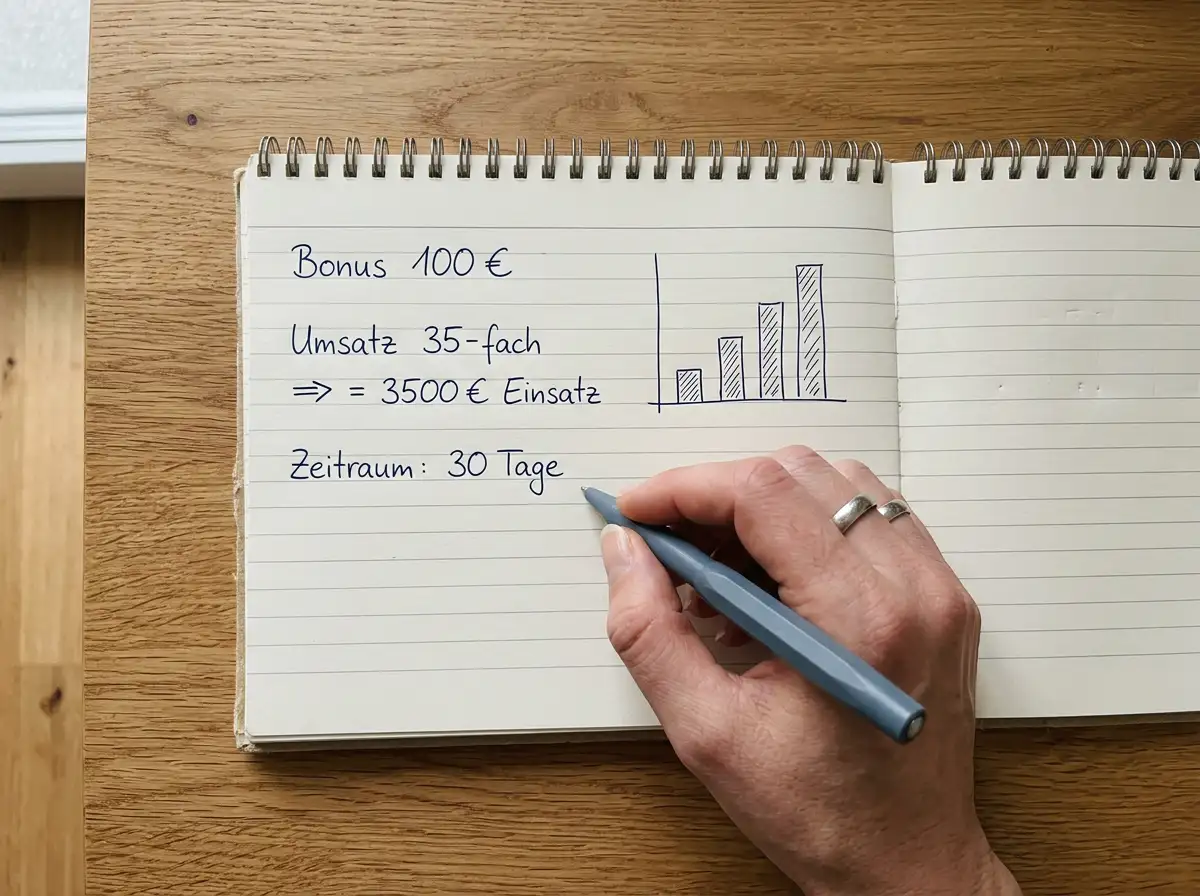 Notizblock mit handschriftlicher Berechnung der Umsatzbedingungen eines Casino-Bonus neben einem Kugelschreiber auf einem Schreibtisch eines Spielers