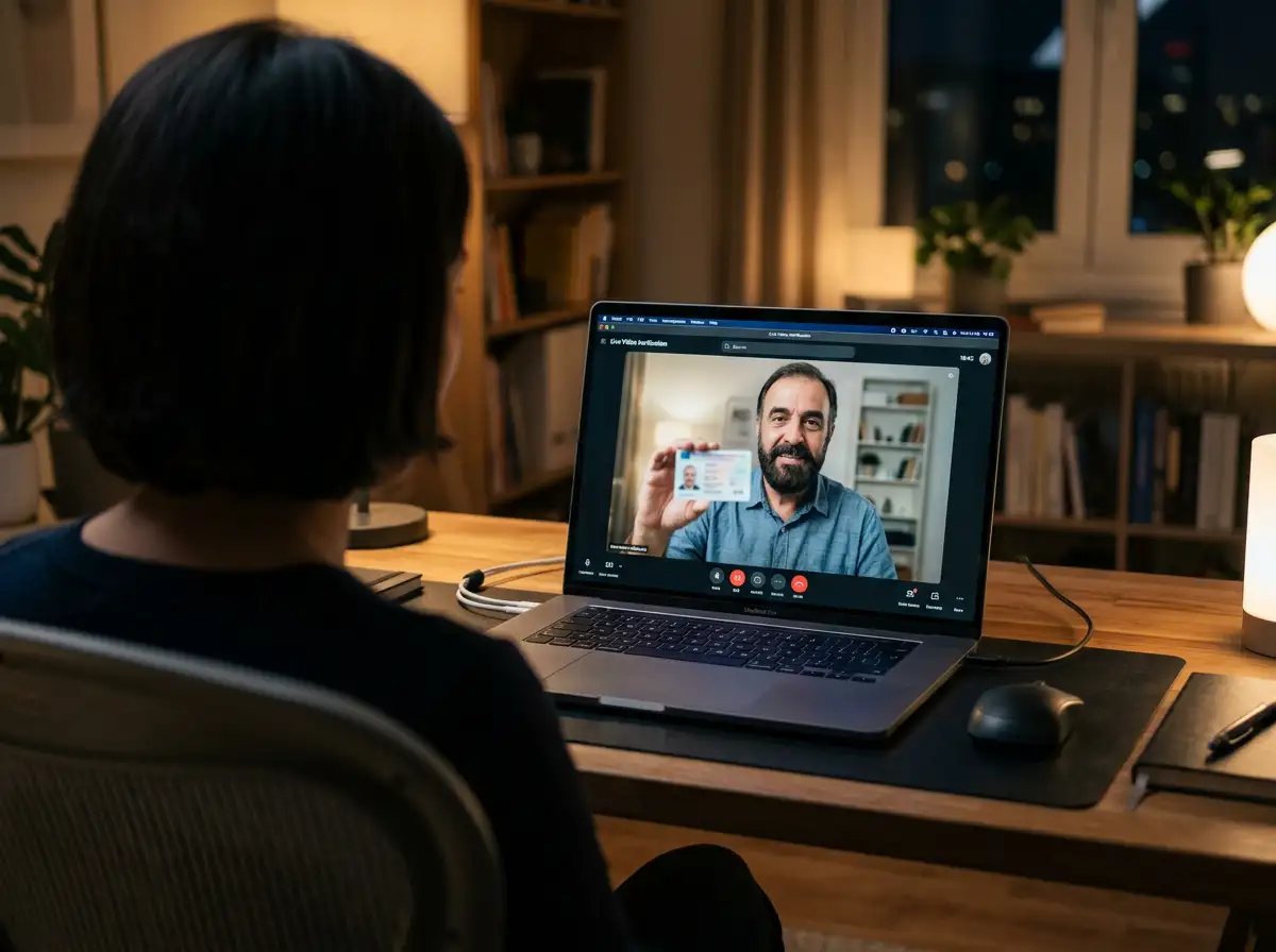 Laptop-Bildschirm mit laufender Video-Identifikationssitzung und einer Person, die ihren Ausweis hochhält