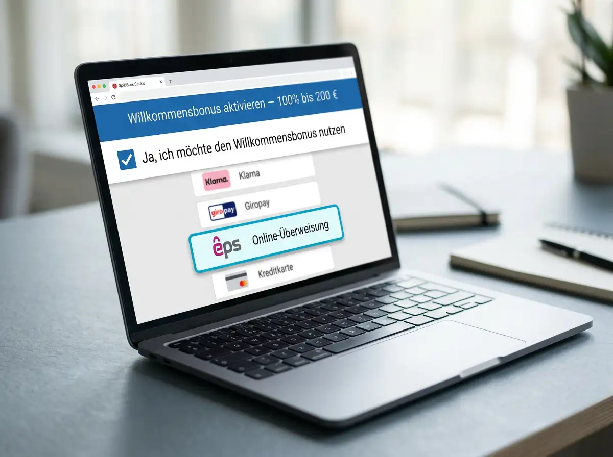Casino-Kassenbereich auf einem Laptop mit Willkommensbonus-Aktivierungsfeld und der hervorgehobenen Auswahl der eps-Einzahlungsmethode in der Methodenliste