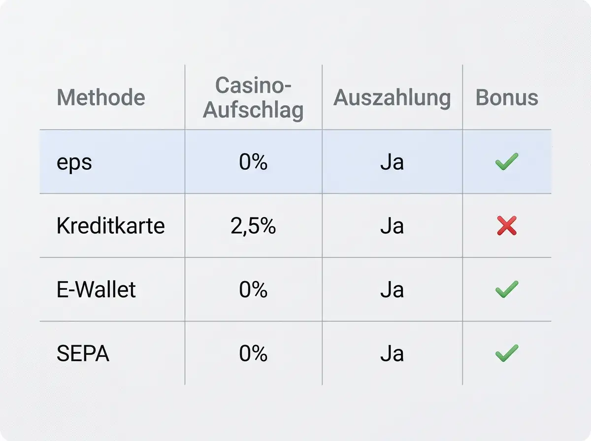 Aufgeräumte Vergleichstabelle der typischen Casino-Einzahlungsmethoden mit Schwerpunkt eps gegen Karte und E-Wallet